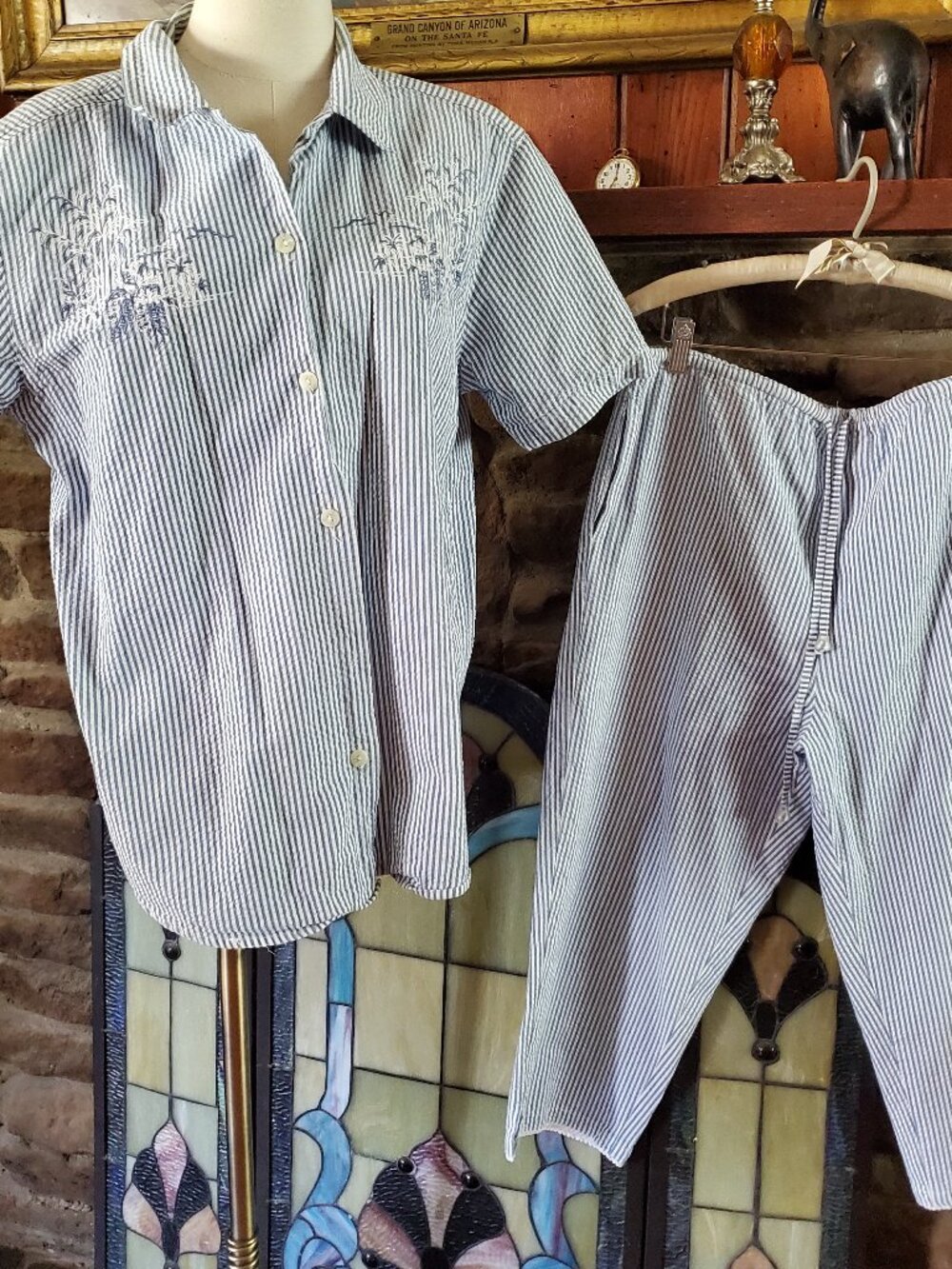 VTG Capacity 100% Cotton Seersucker Pants Shirt Set Blue Large Button Missing